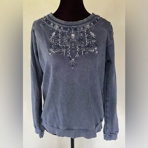 Lucky Brand Aztec Embroidered Long Sleeve Pullover Faded Blue Size S Boho Hippie